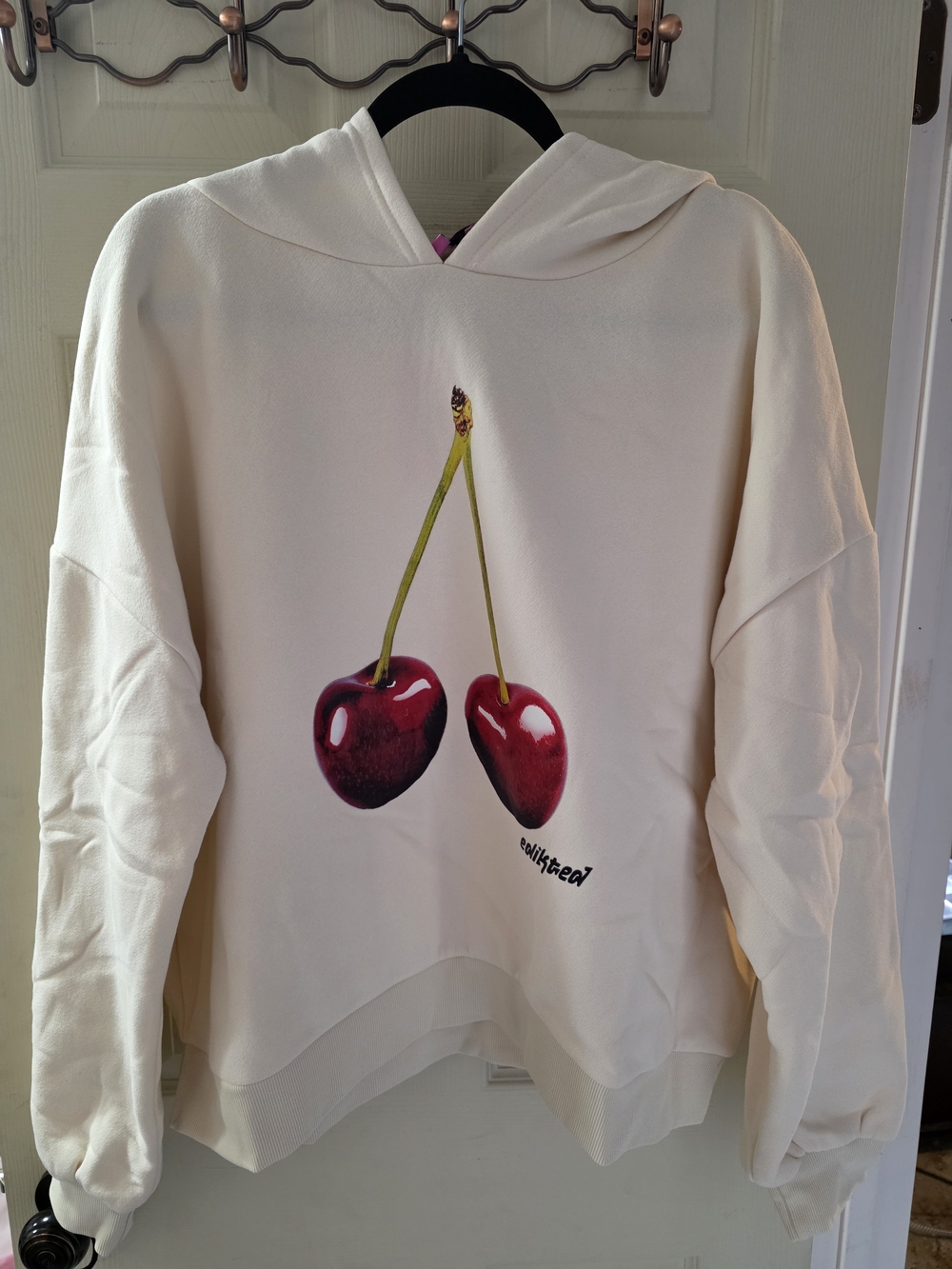 Edikted Cream Hooded Sweatshirt with Cherry Graphic SZ Large